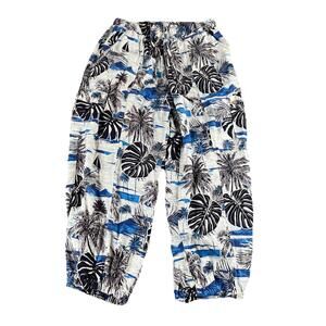 C & C California Cargo Linen Blend Pants Beach Palm AOP Blue Women's Large